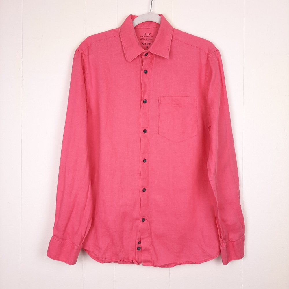 Celio linen long sleeve button up shirt resort wear beach preppy summer pink